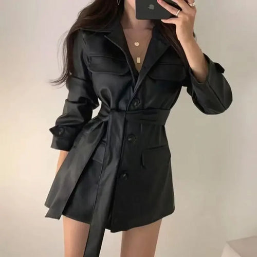 Chic Korean Style Women's Biker Leather Jacket Mid-Length Sleeveless Waist-Cinching Slimming Autumn Winter Outerwear