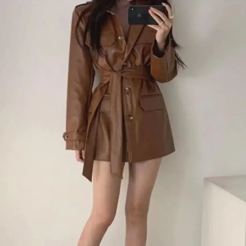 Chic Korean Style Women's Biker Leather Jacket Mid-Length Sleeveless Waist-Cinching Slimming Autumn Winter Outerwear