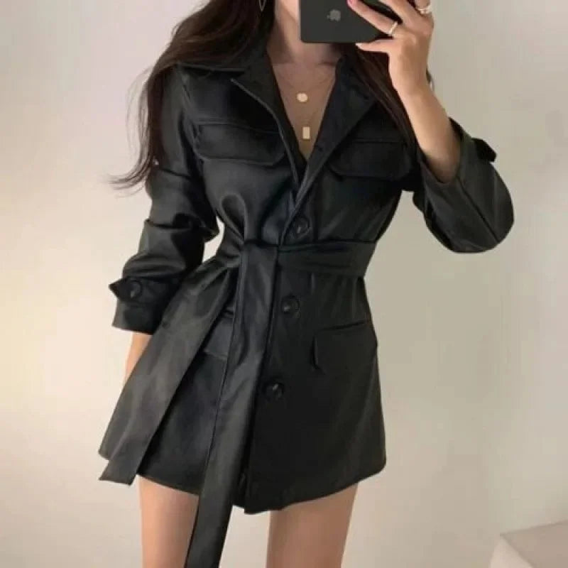 Chic Korean Style Women's Biker Leather Jacket Mid-Length Sleeveless Waist-Cinching Slimming Autumn Winter Outerwear