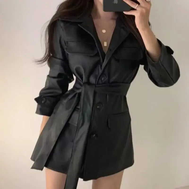 Chic Korean Style Women's Biker Leather Jacket Mid-Length Sleeveless Waist-Cinching Slimming Autumn Winter Outerwear