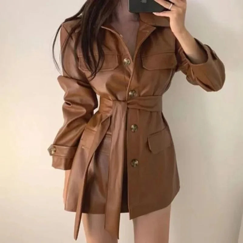 Chic Korean Style Women's Biker Leather Jacket Mid-Length Sleeveless Waist-Cinching Slimming Autumn Winter Outerwear